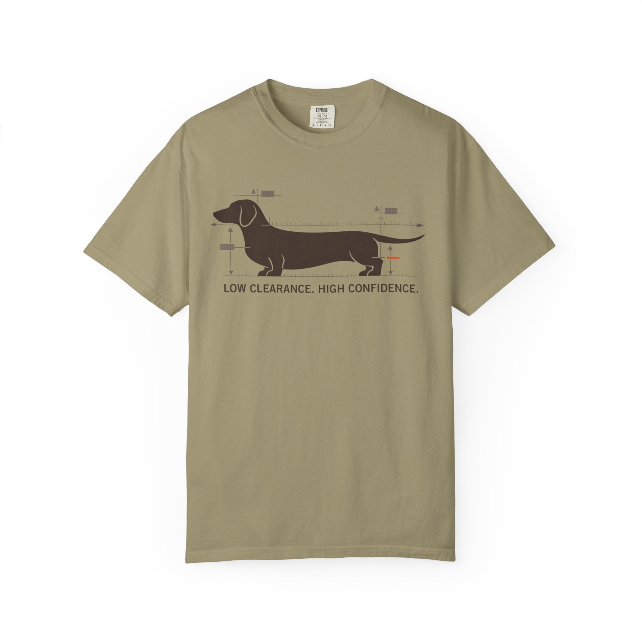 Dachshund Diagram T-Shirt — "Low Clearance, High Confidence" Graphic Tee