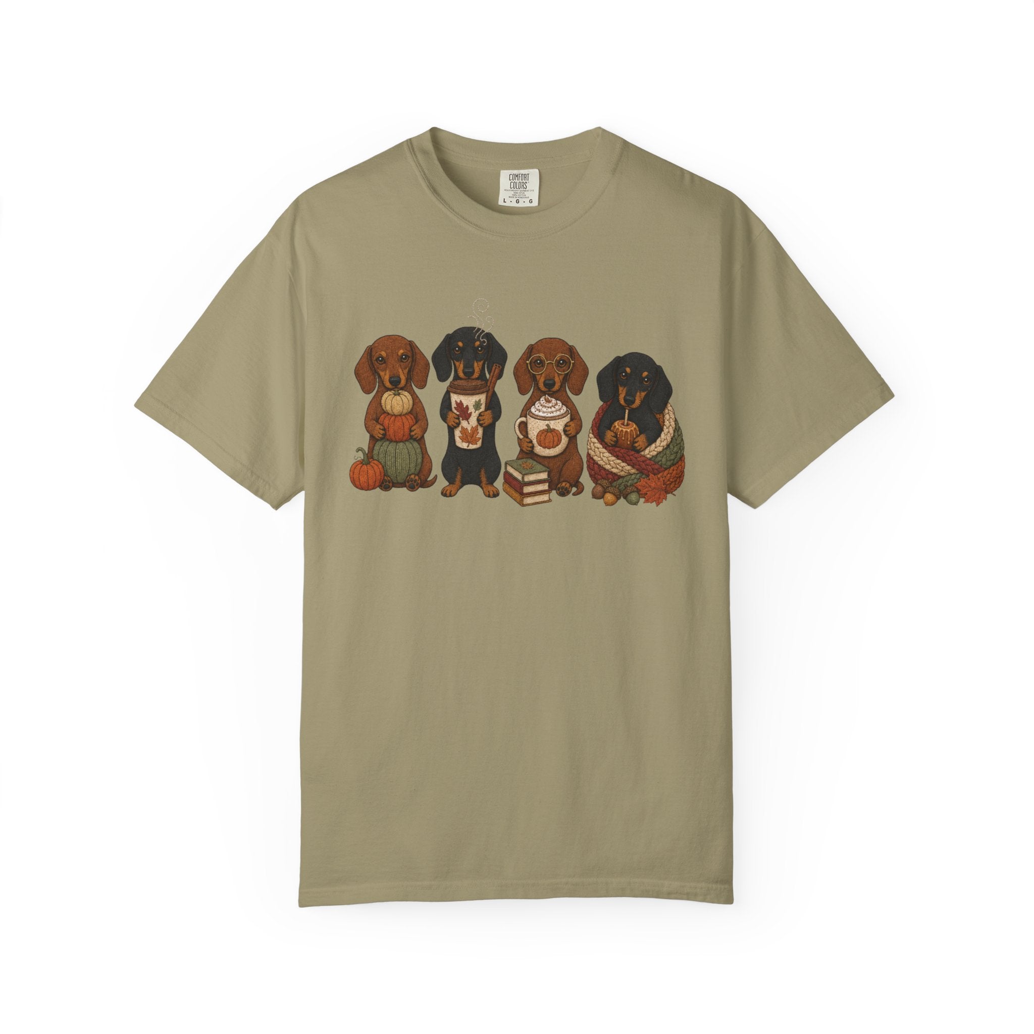 Autumn Dachshund Crew T-Shirt — Cute Dachshund Puppies with Pumpkins & Books