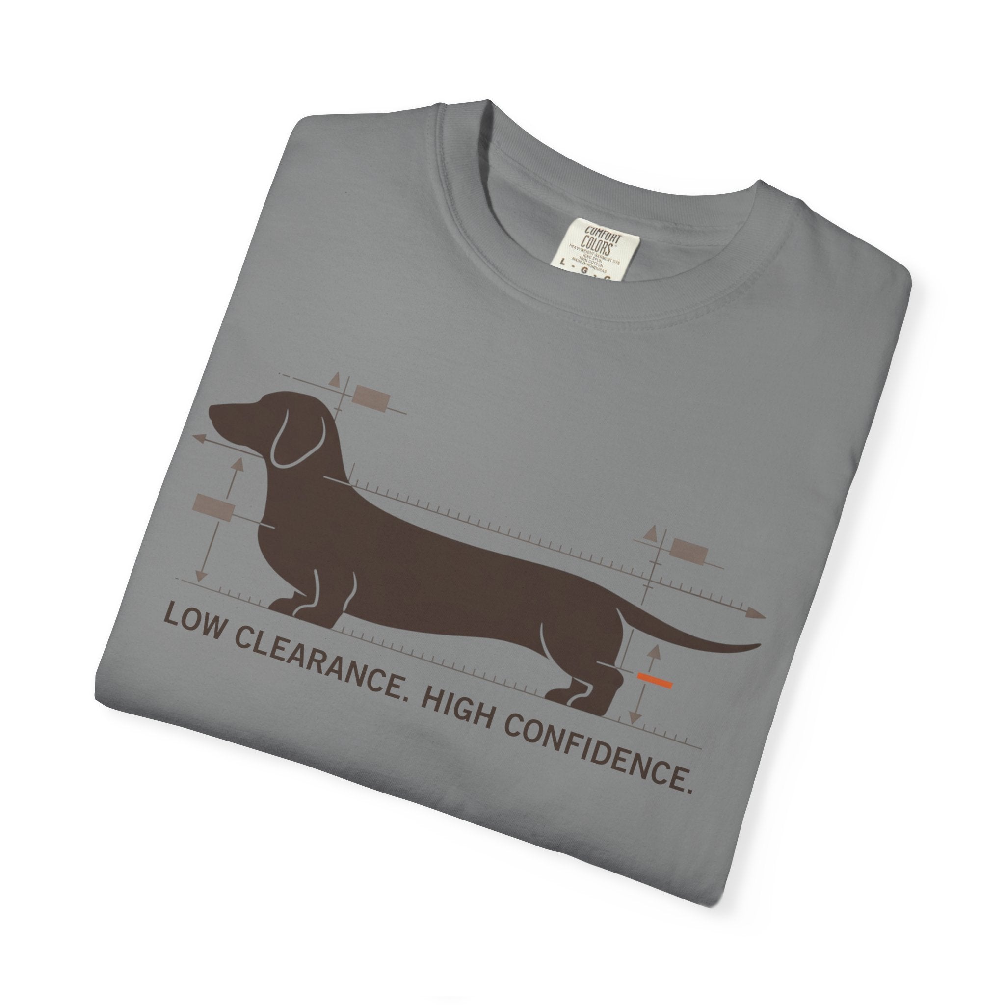 Dachshund Diagram T-Shirt — "Low Clearance, High Confidence" Graphic Tee
