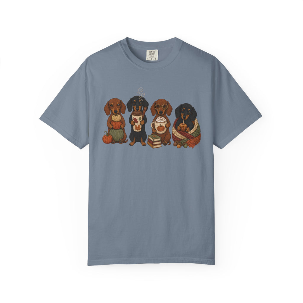 Autumn Dachshund Crew T-Shirt — Cute Dachshund Puppies with Pumpkins & Books