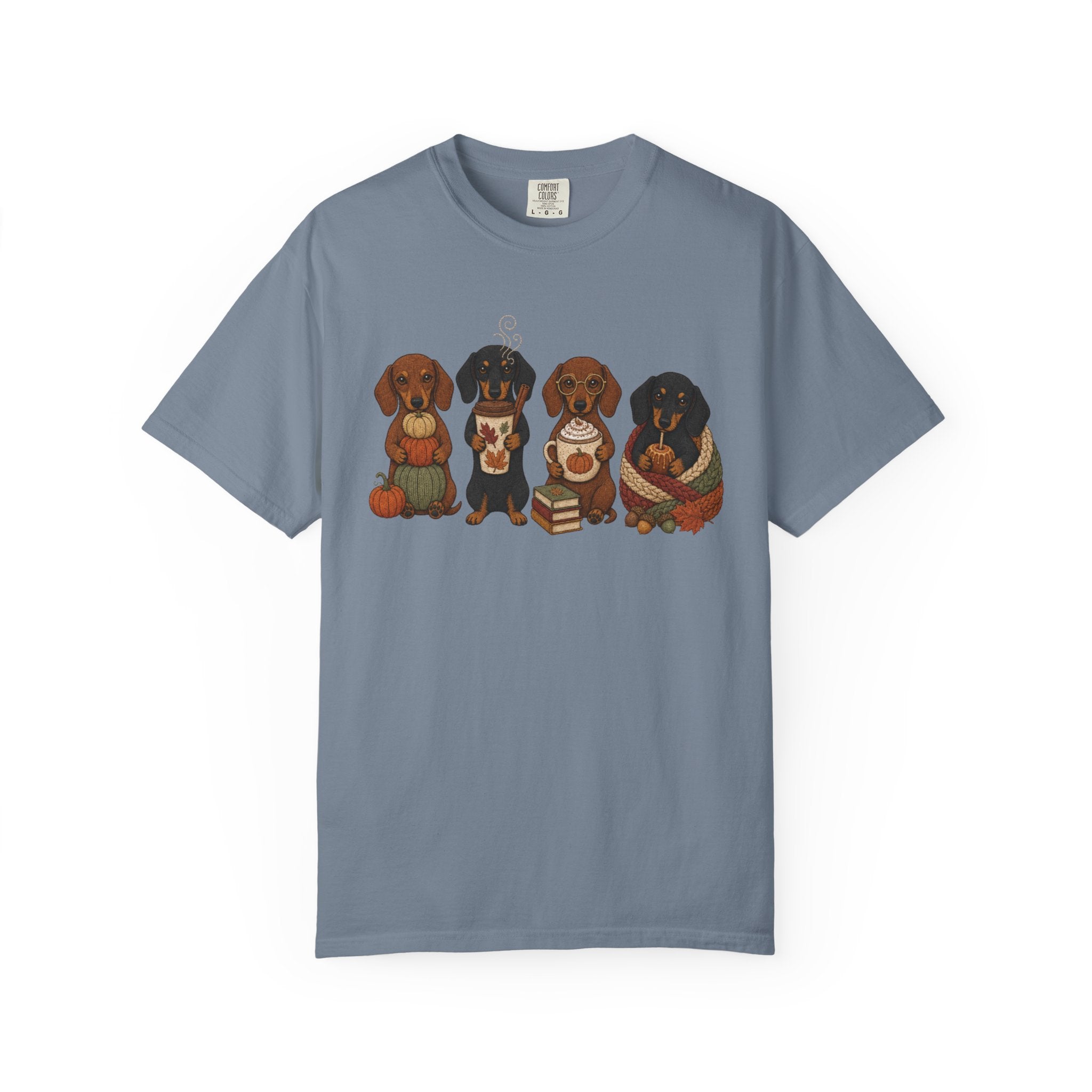 Autumn Dachshund Crew T-Shirt — Cute Dachshund Puppies with Pumpkins & Books