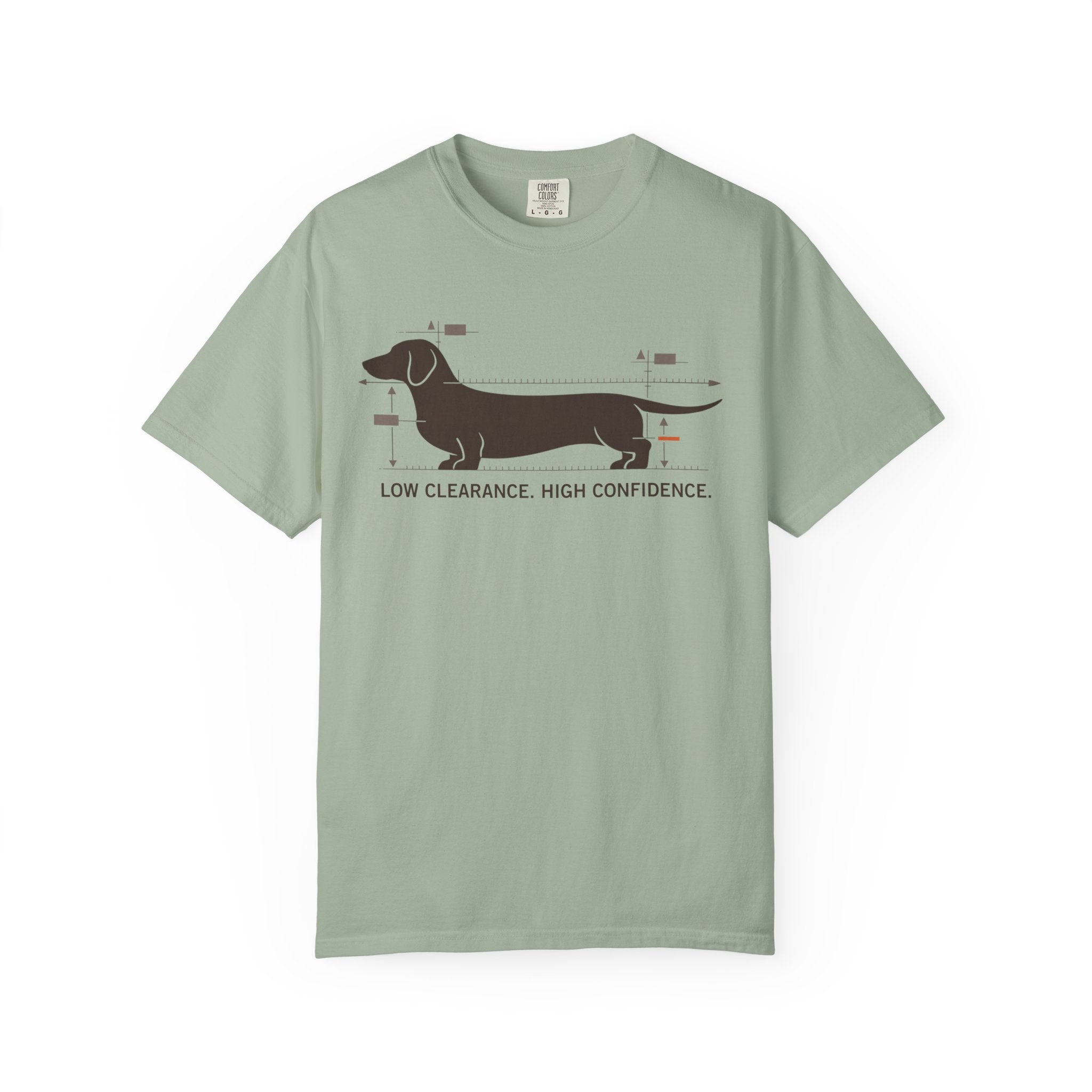 Dachshund Diagram T-Shirt — "Low Clearance, High Confidence" Graphic Tee