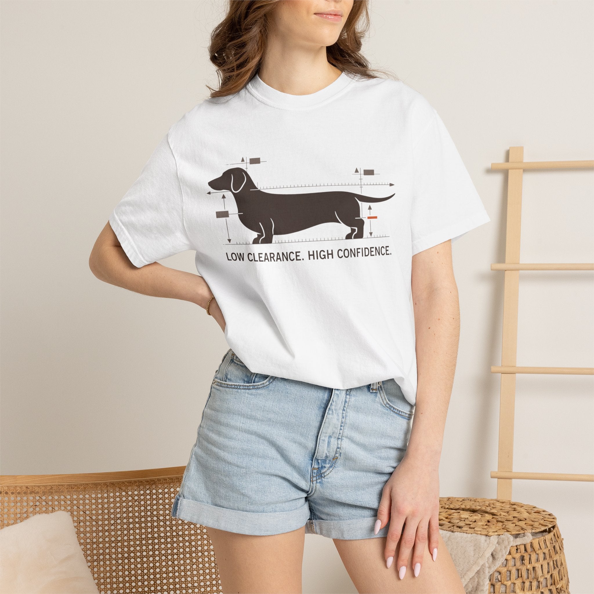 Dachshund Diagram T-Shirt — "Low Clearance, High Confidence" Graphic Tee