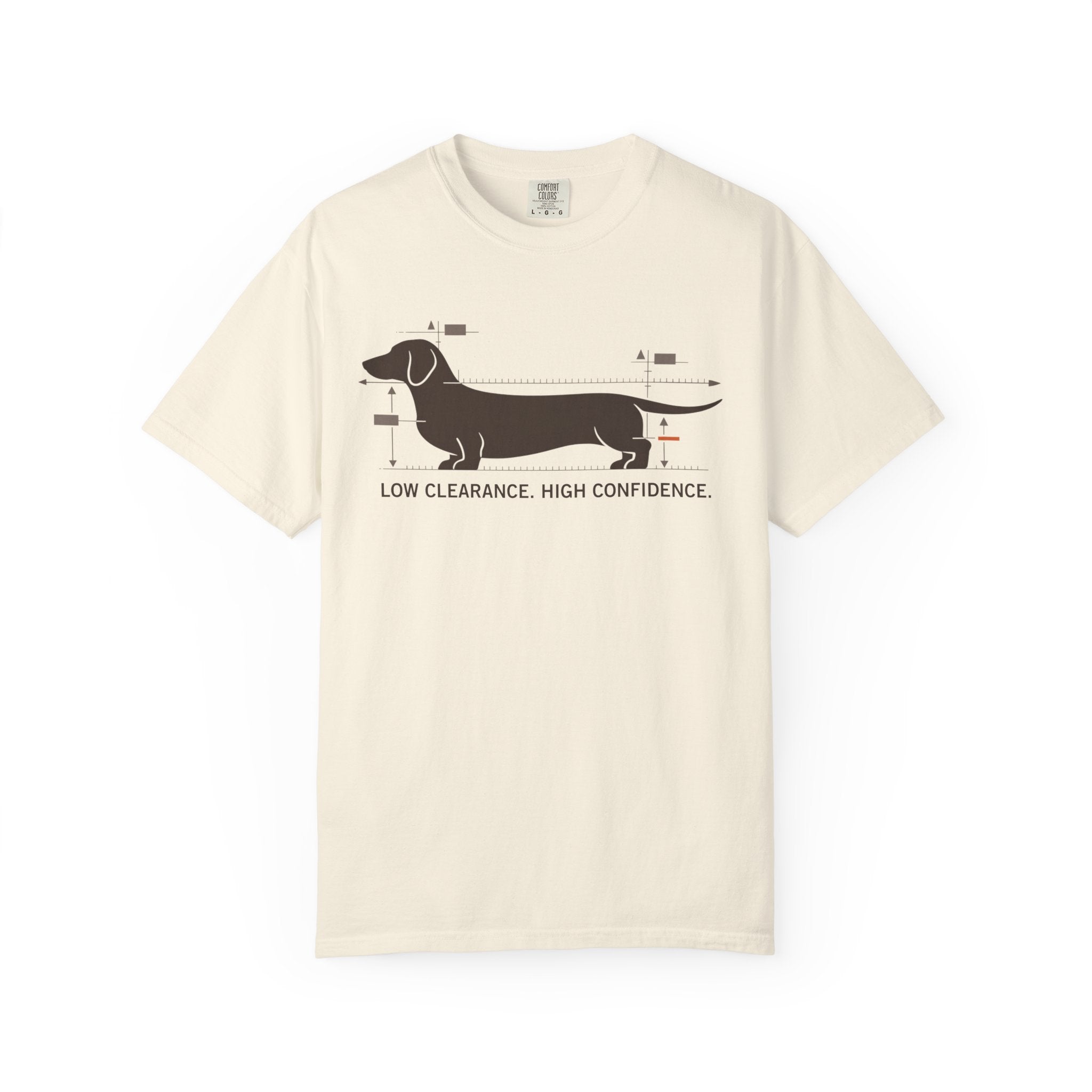 Dachshund Diagram T-Shirt — "Low Clearance, High Confidence" Graphic Tee