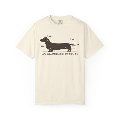 Dachshund Diagram T-Shirt — "Low Clearance, High Confidence" Graphic Tee