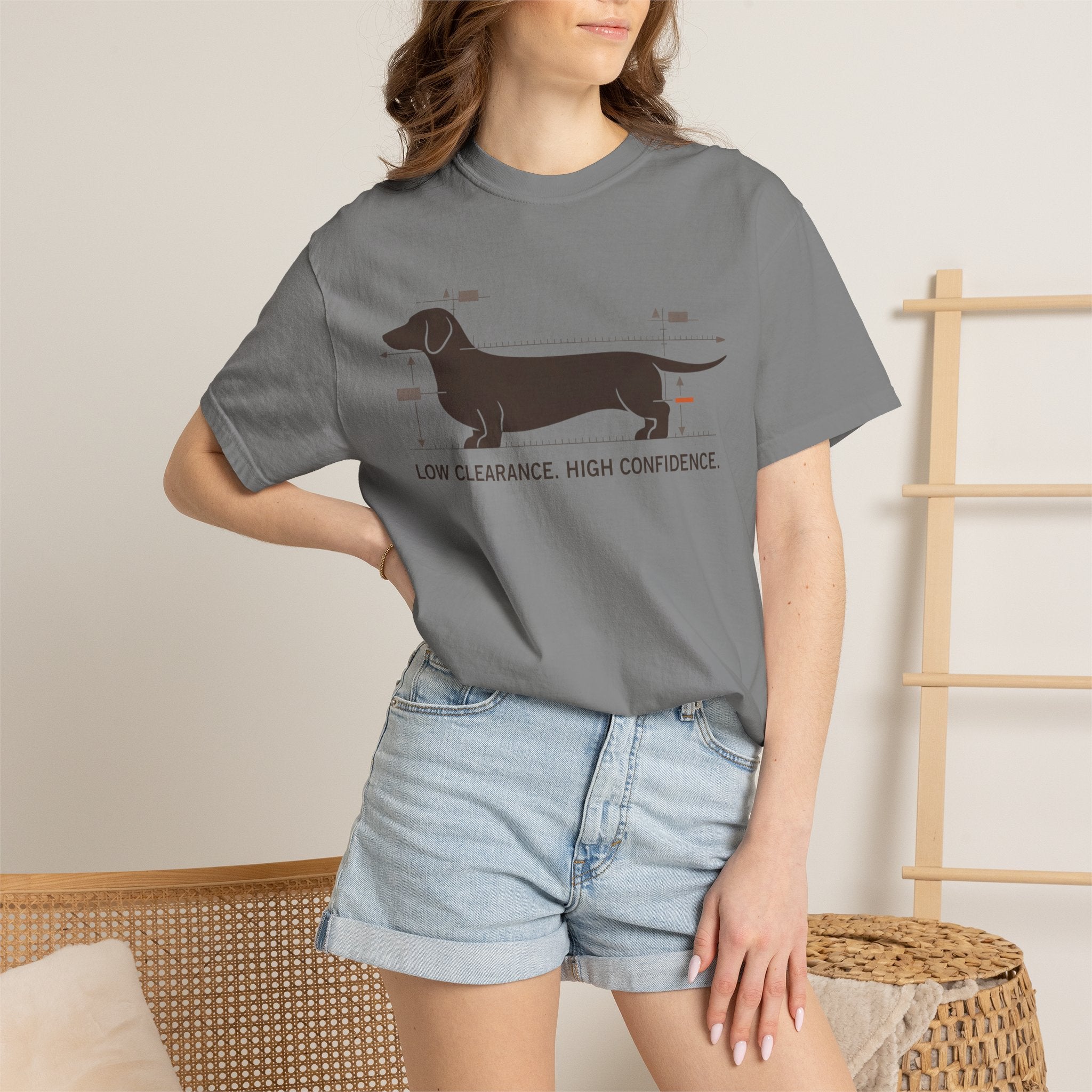 Dachshund Diagram T-Shirt — "Low Clearance, High Confidence" Graphic Tee