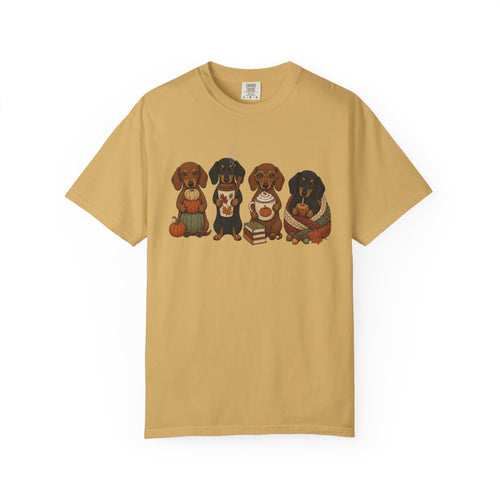 Autumn Dachshund Crew T-Shirt — Cute Dachshund Puppies with Pumpkins & Books