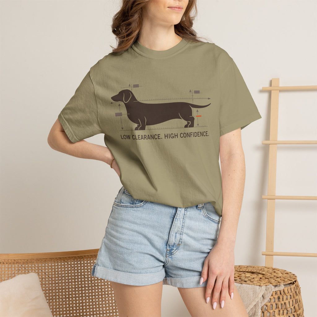 Dachshund Diagram T-Shirt — "Low Clearance, High Confidence" Graphic Tee