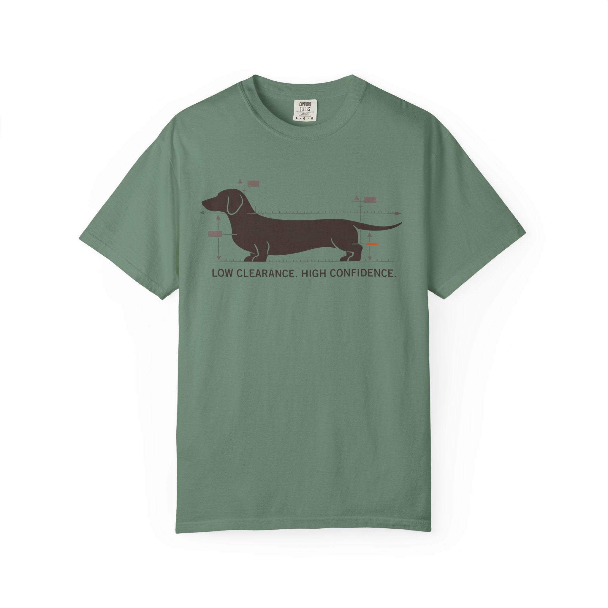 Dachshund Diagram T-Shirt — "Low Clearance, High Confidence" Graphic Tee