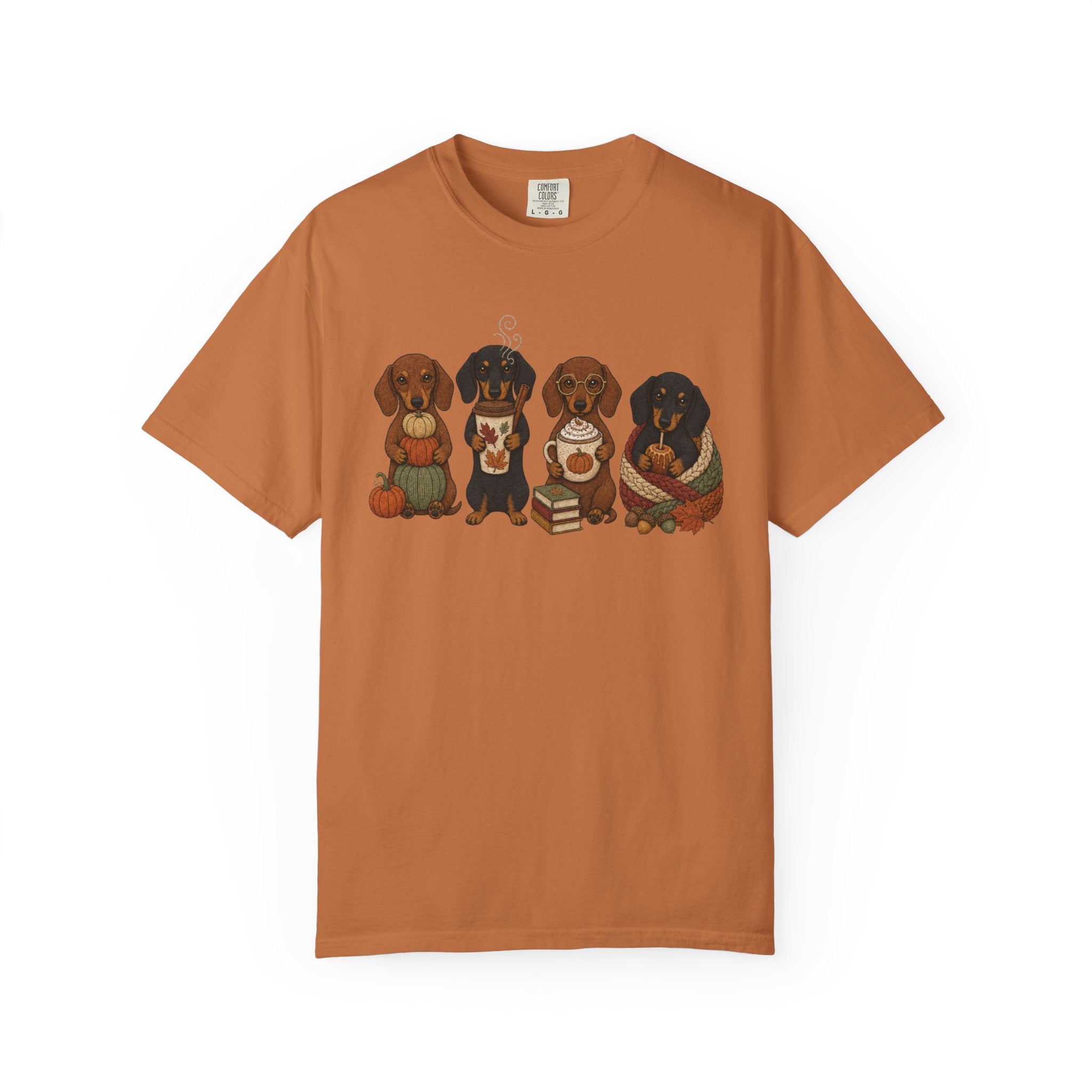 Autumn Dachshund Crew T-Shirt — Cute Dachshund Puppies with Pumpkins & Books