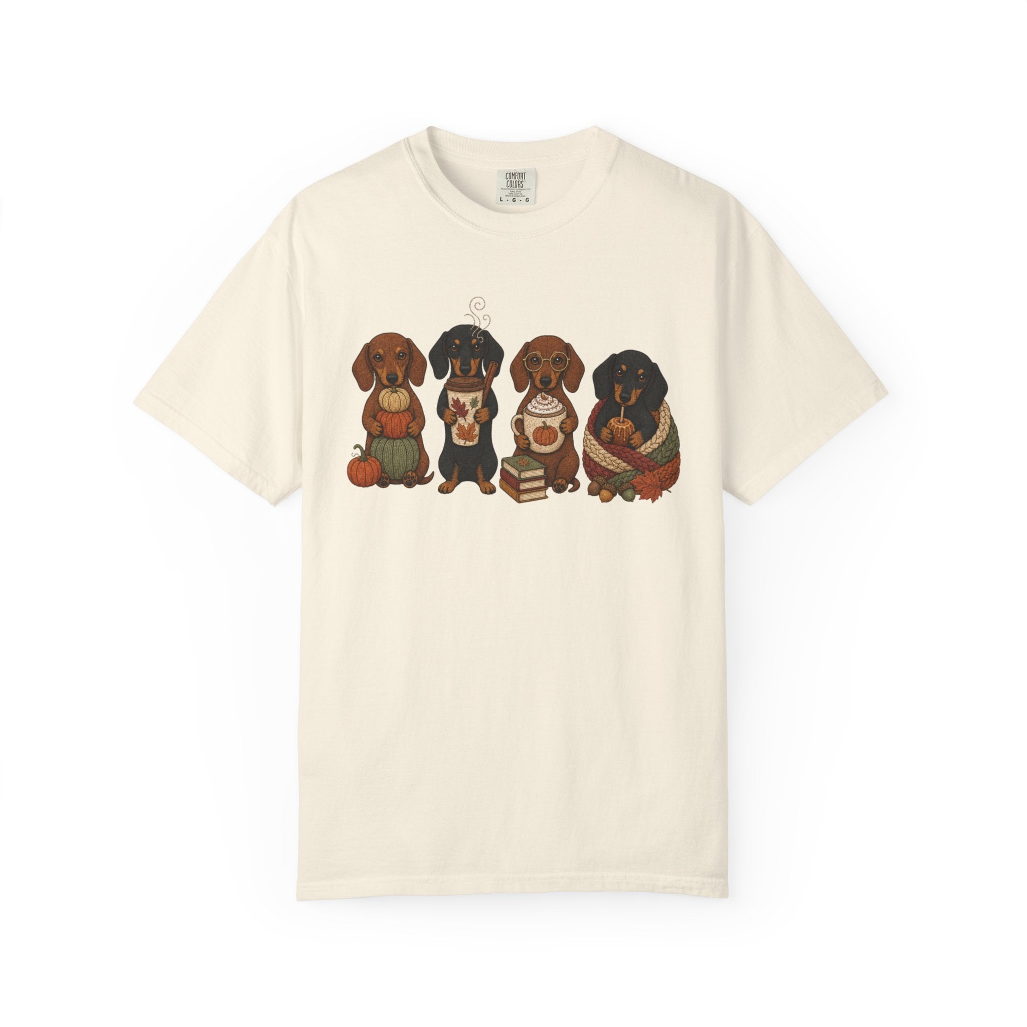 Autumn Dachshund Crew T-Shirt — Cute Dachshund Puppies with Pumpkins & Books