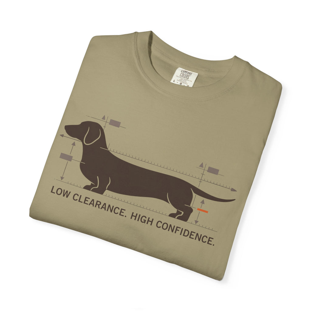 Dachshund Diagram T-Shirt — "Low Clearance, High Confidence" Graphic Tee