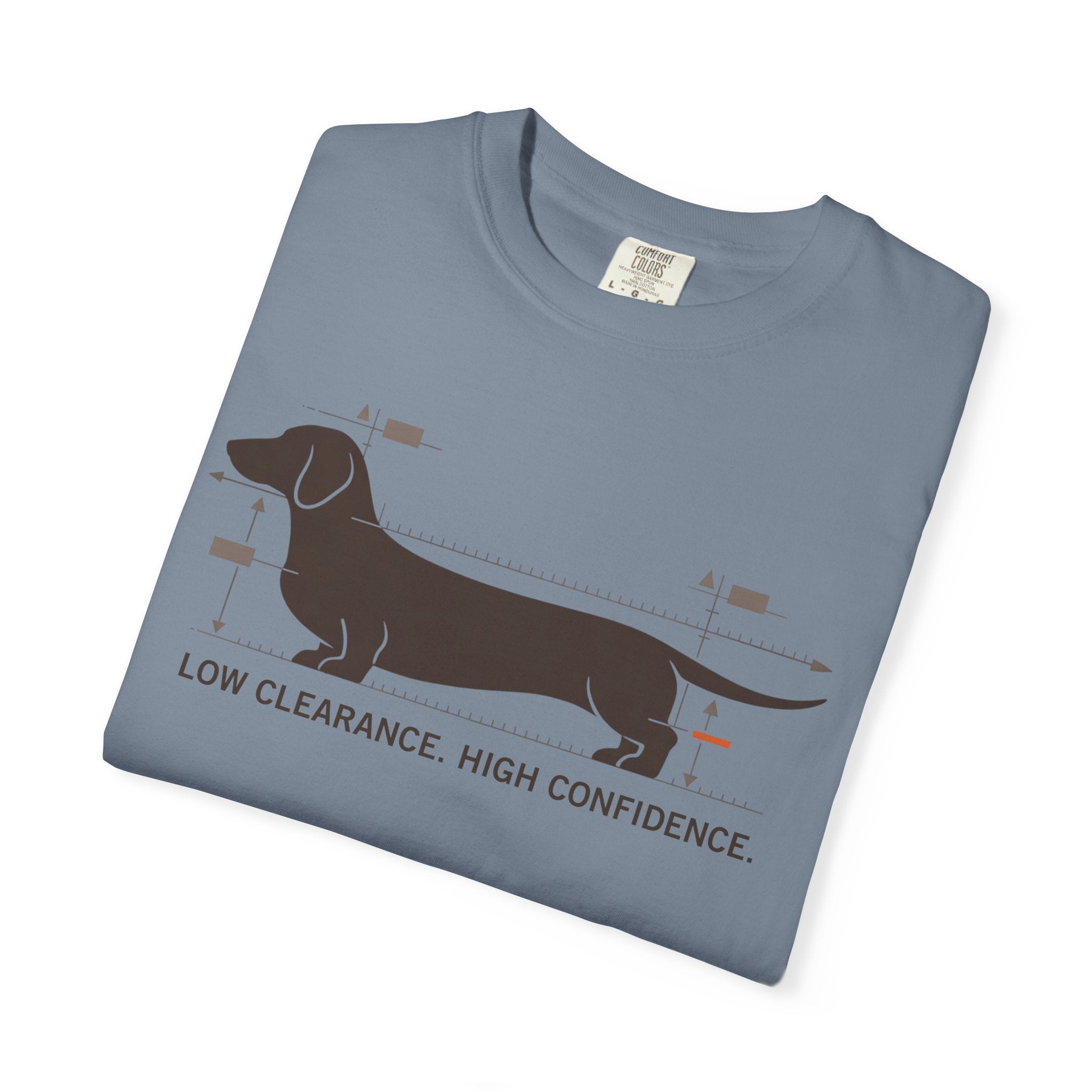 Dachshund Diagram T-Shirt — "Low Clearance, High Confidence" Graphic Tee