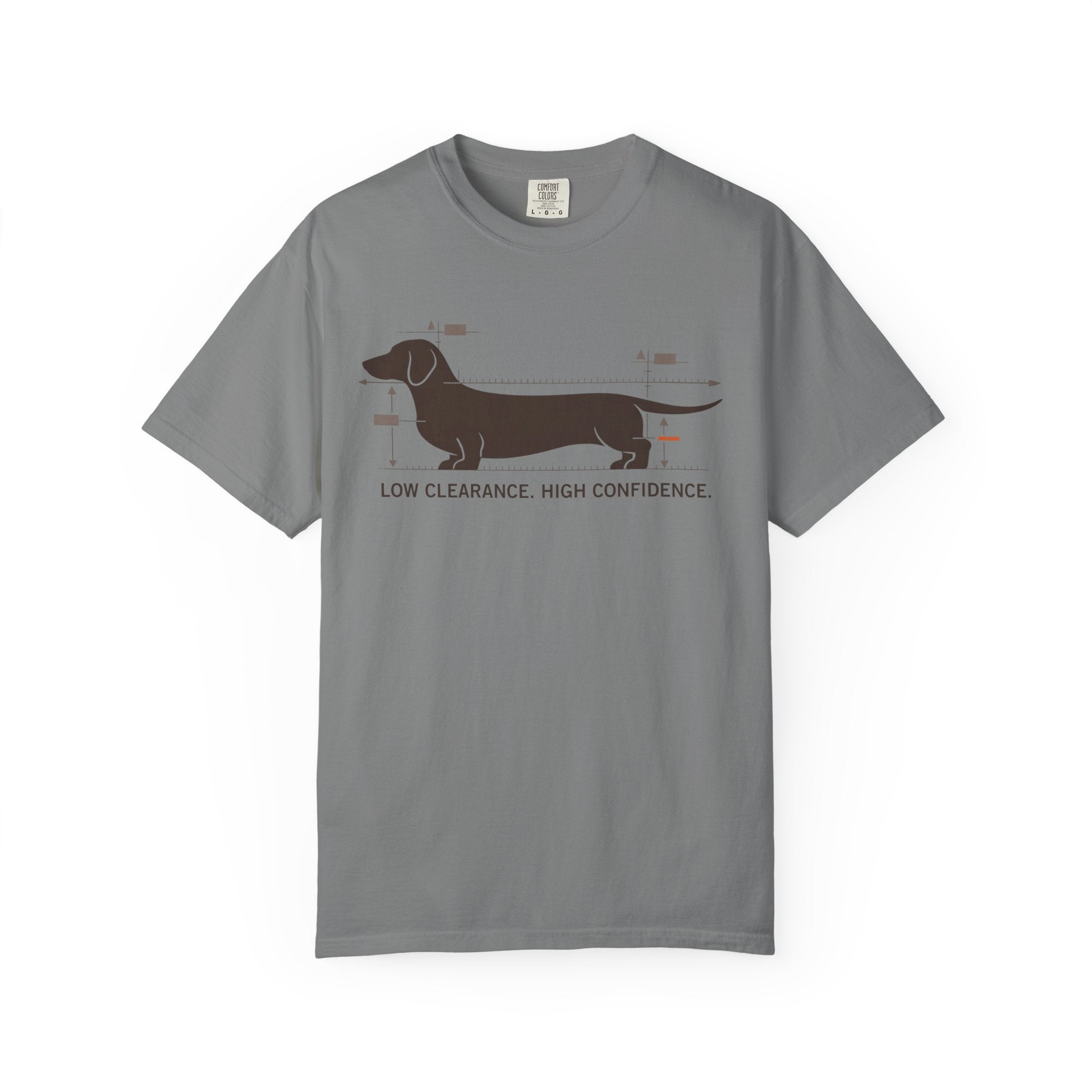 Dachshund Diagram T-Shirt — "Low Clearance, High Confidence" Graphic Tee