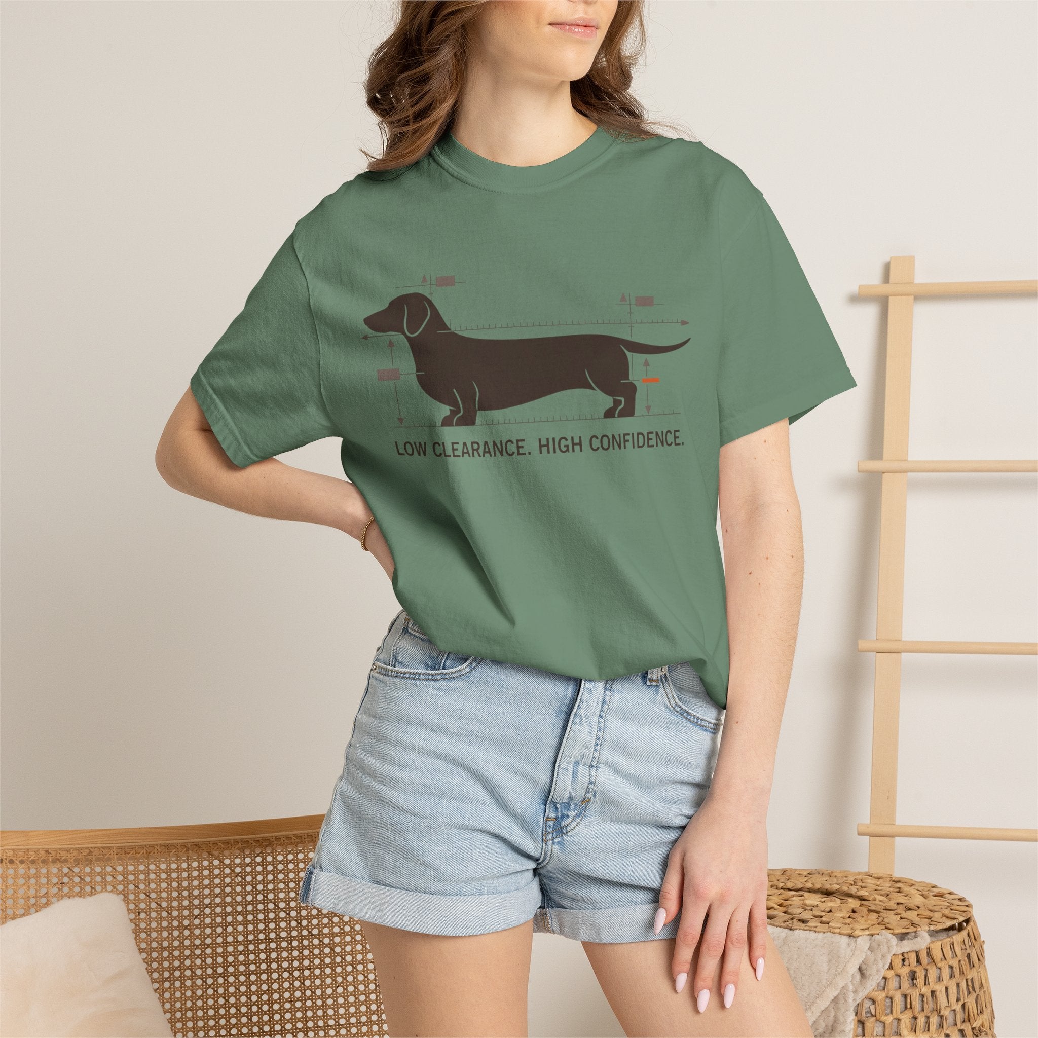 Dachshund Diagram T-Shirt — "Low Clearance, High Confidence" Graphic Tee