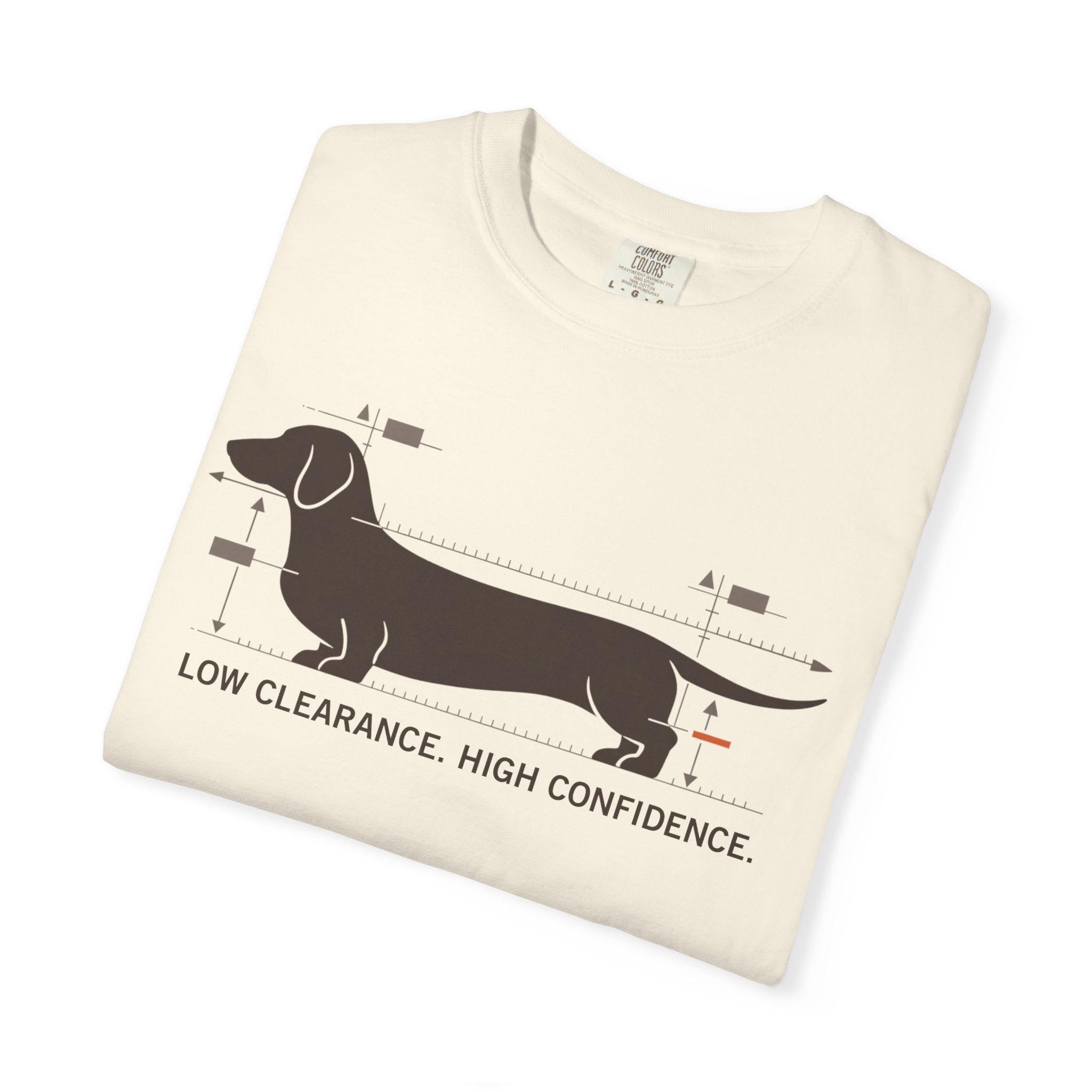 Dachshund Diagram T-Shirt — "Low Clearance, High Confidence" Graphic Tee