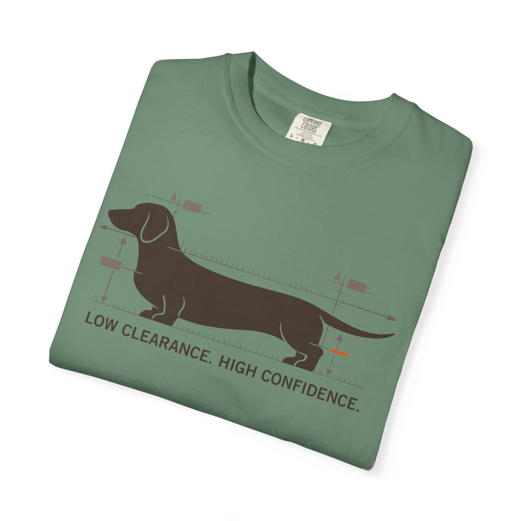 Dachshund Diagram T-Shirt — "Low Clearance, High Confidence" Graphic Tee