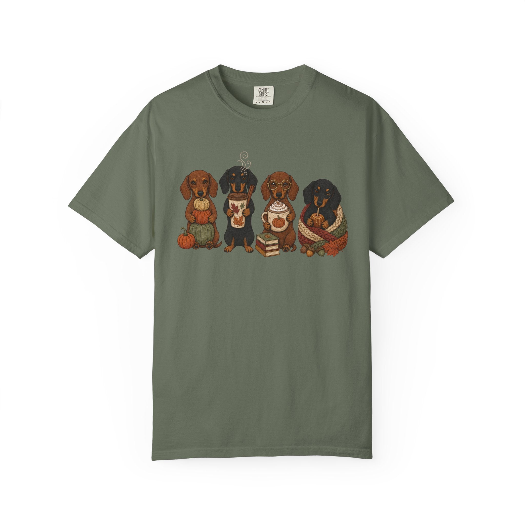 Autumn Dachshund Crew T-Shirt — Cute Dachshund Puppies with Pumpkins & Books