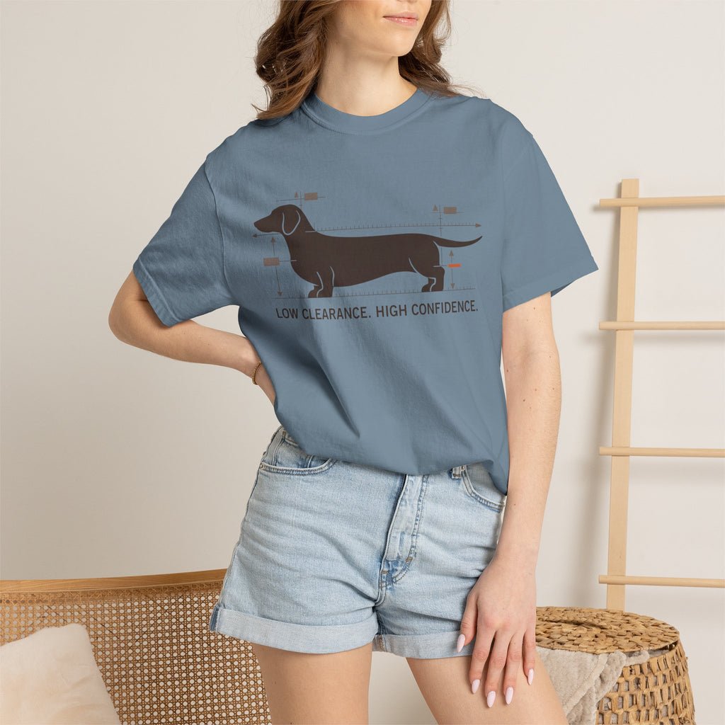 Dachshund Diagram T-Shirt — "Low Clearance, High Confidence" Graphic Tee