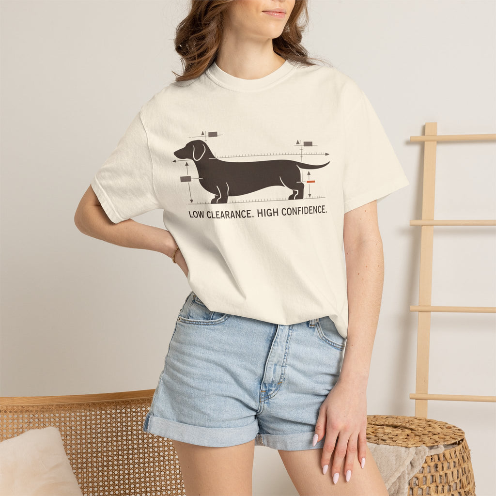 Dachshund Diagram T-Shirt — "Low Clearance, High Confidence" Graphic Tee