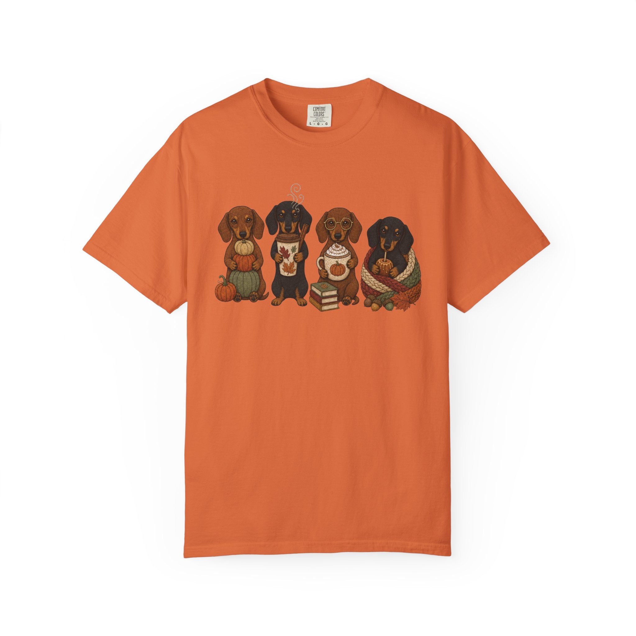 Autumn Dachshund Crew T-Shirt — Cute Dachshund Puppies with Pumpkins & Books
