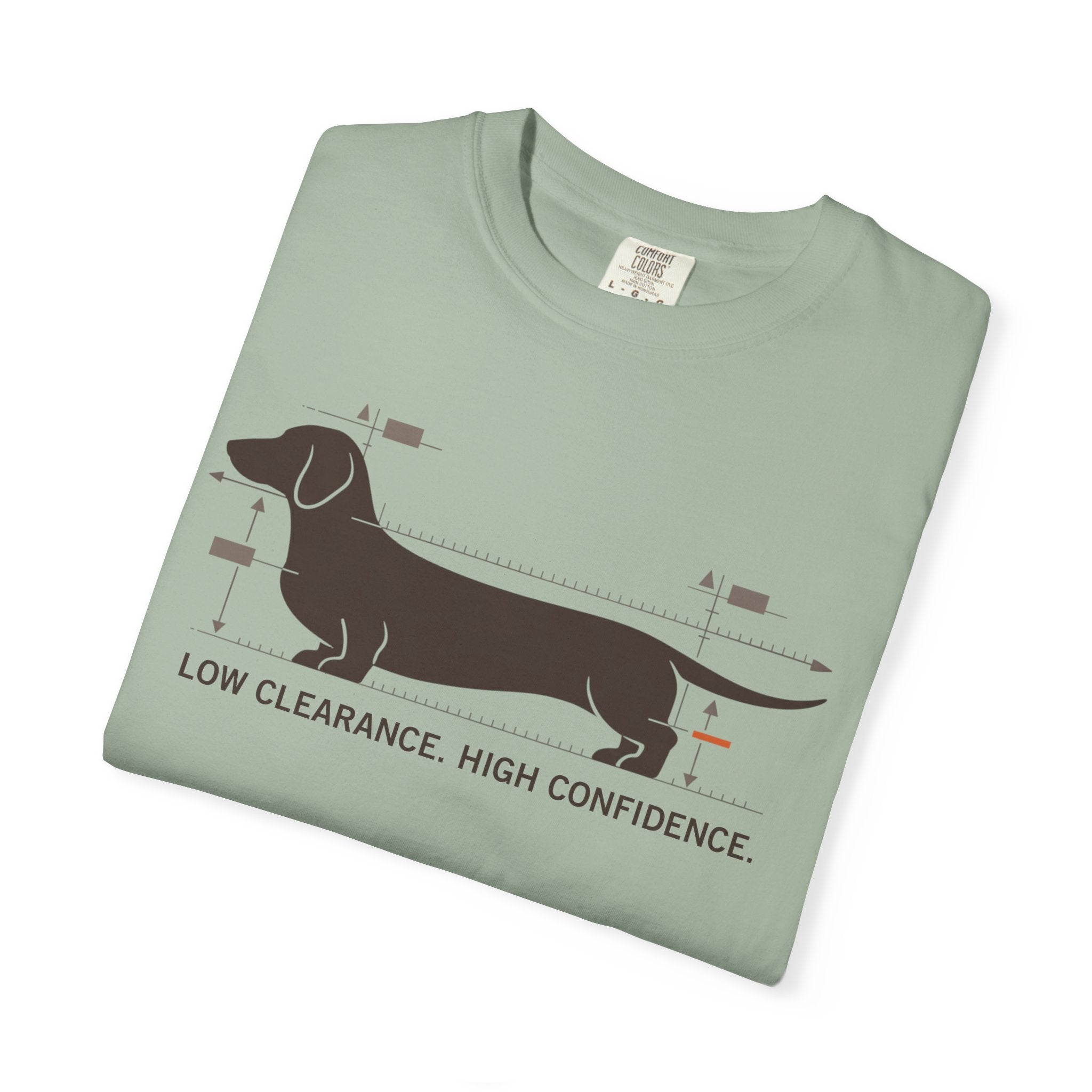 Dachshund Diagram T-Shirt — "Low Clearance, High Confidence" Graphic Tee