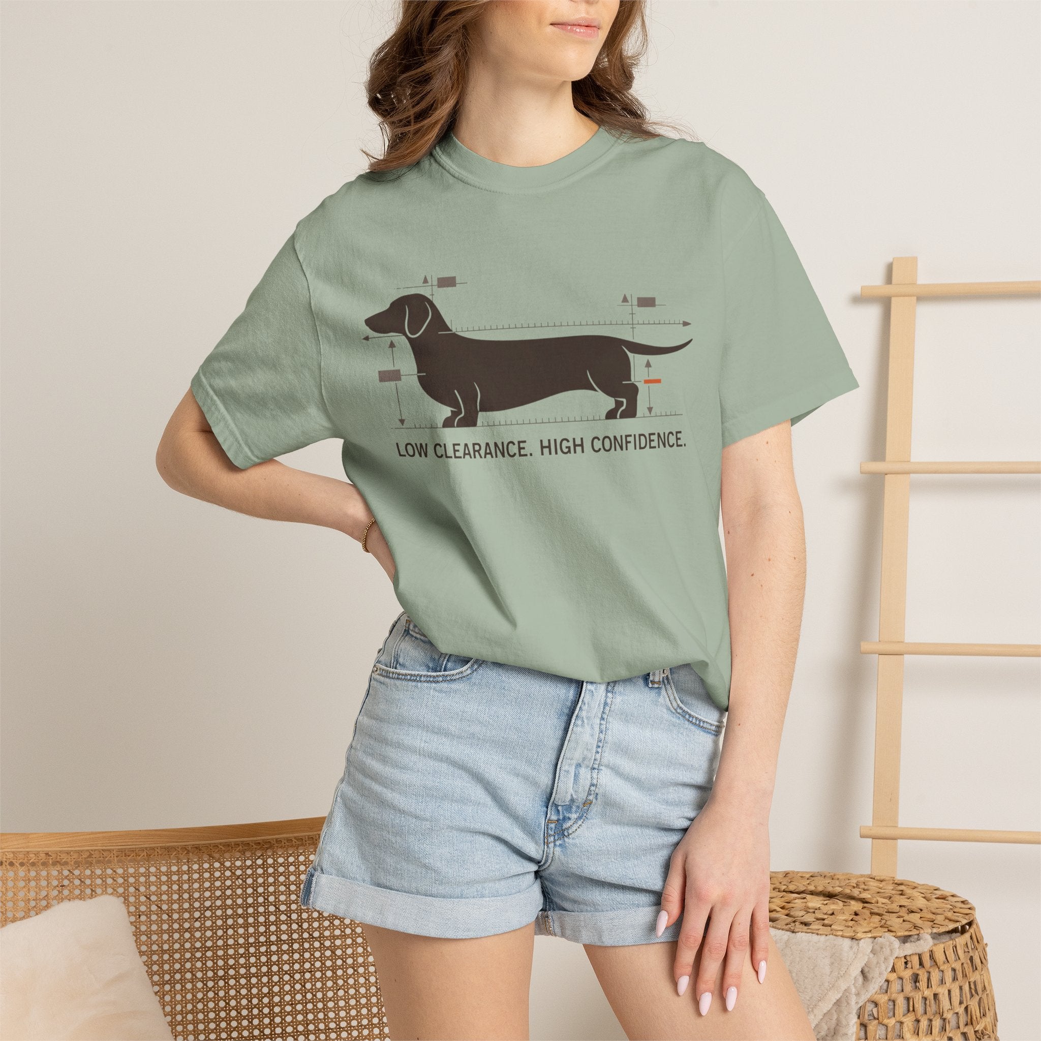 Dachshund Diagram T-Shirt — "Low Clearance, High Confidence" Graphic Tee