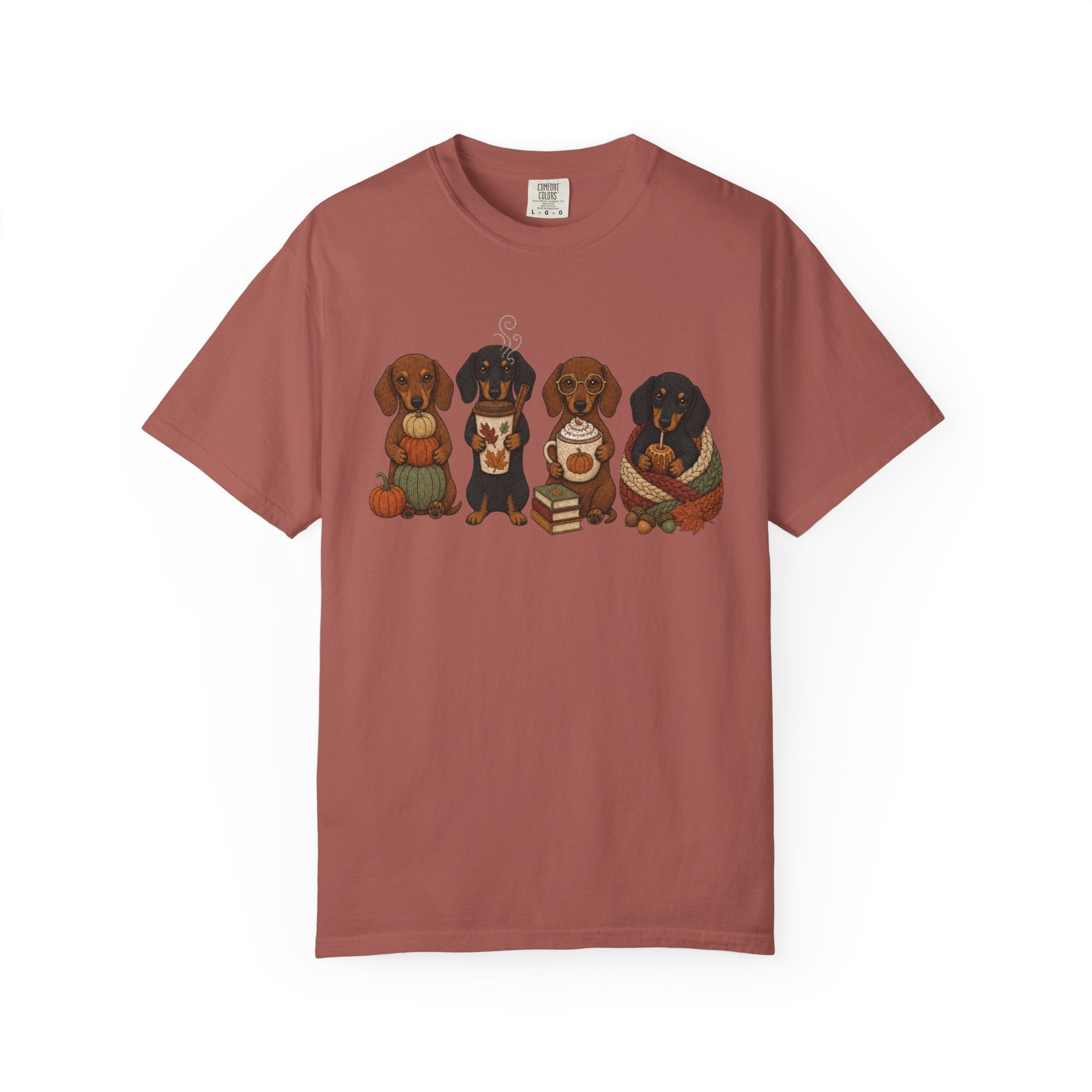 Autumn Dachshund Crew T-Shirt — Cute Dachshund Puppies with Pumpkins & Books